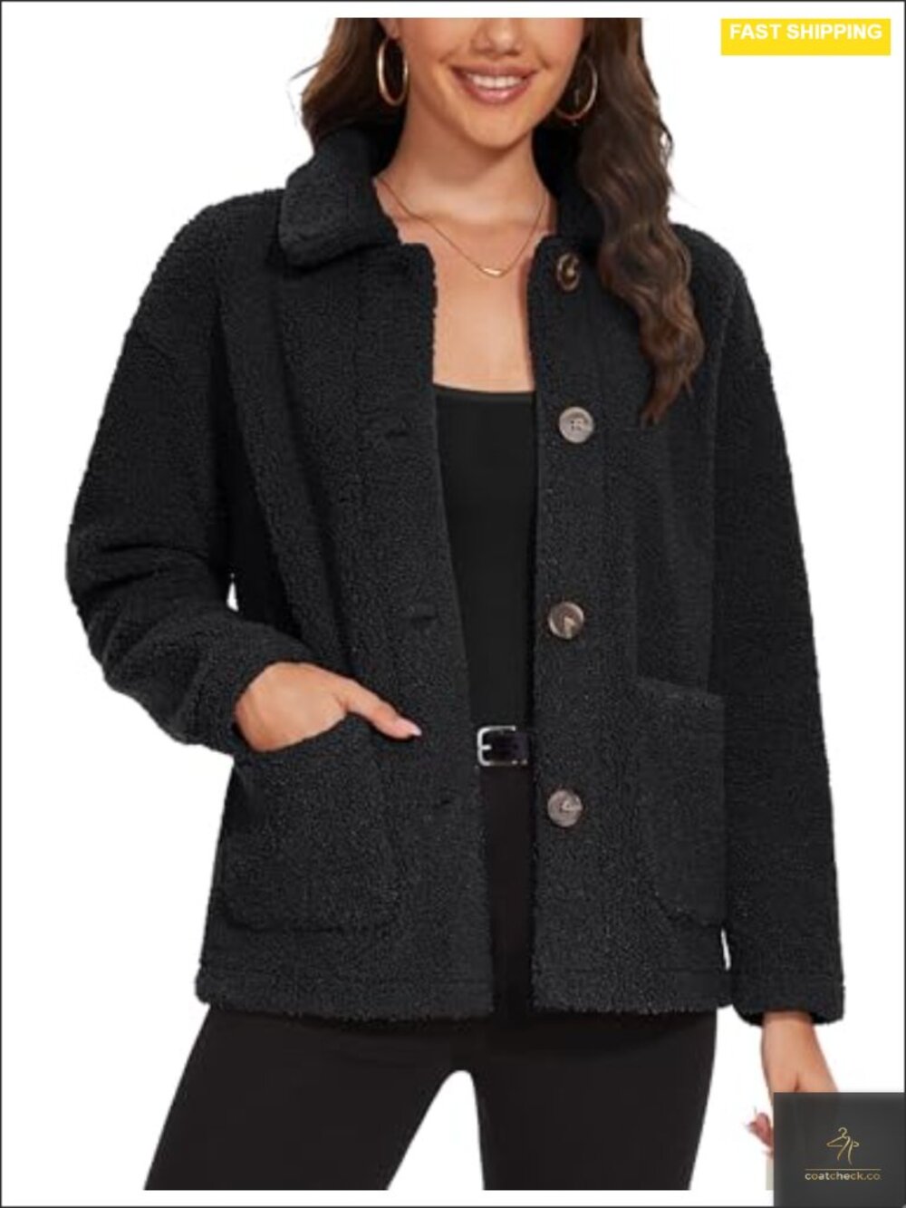 Womens Sherpa Fleece Jacket Fuzzy Warm Winter Button Down Coat Long Sleeve with